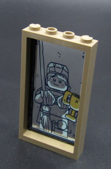 Lego rám okna 1x4x6 tmavě béžový s polepem skla - zrcadlo Quirinus Quirrell / Ron Weasley